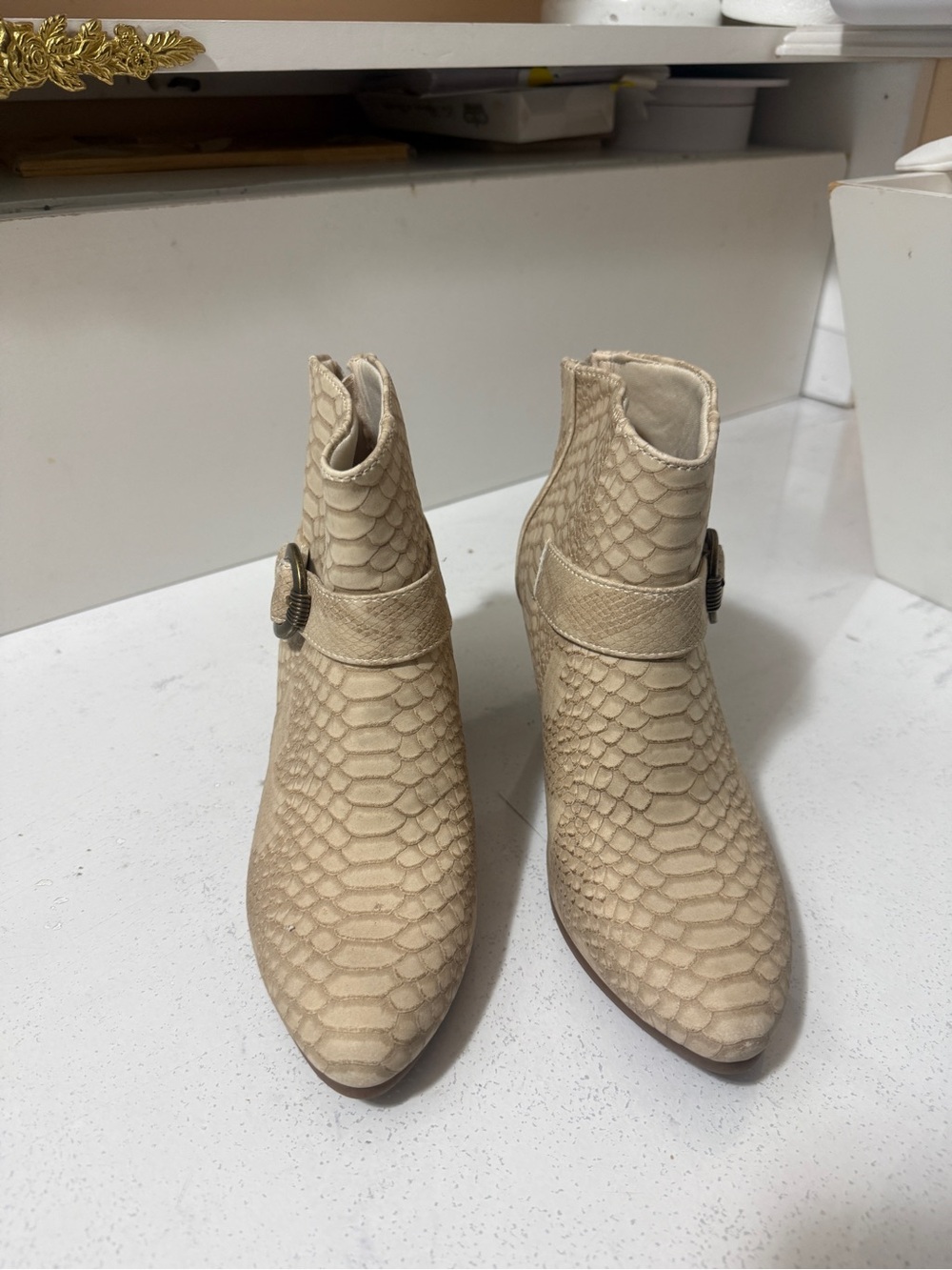 BareTraps Cream Textured leather Ankle Booties with Buckle Accent